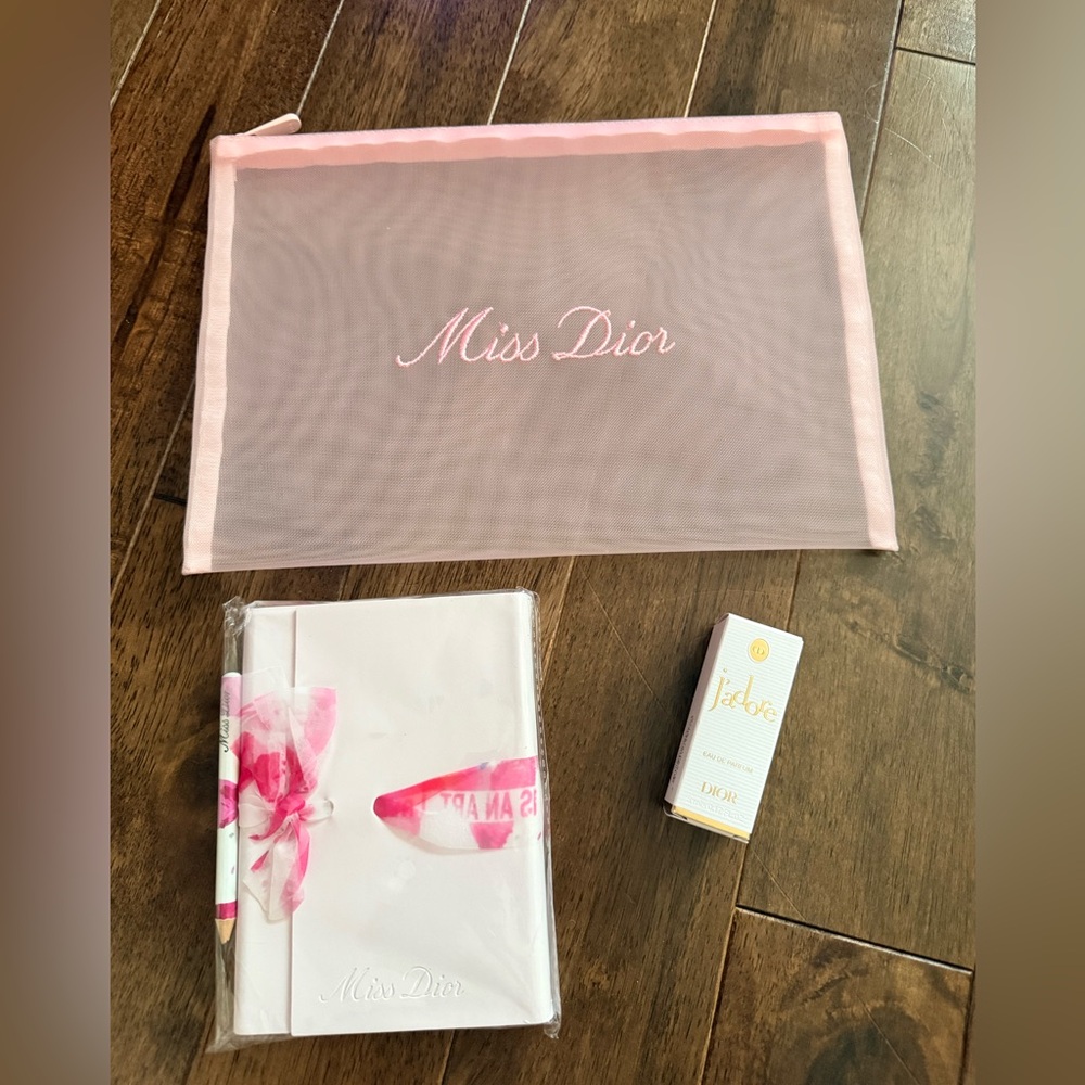 Miss Dior Pink Mesh Pouch with Notebook and Jadore Perfume